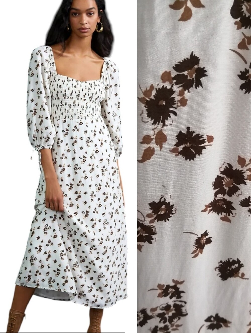 Faithfull The Brand Paola Smocked Floral Midi Dress with Puff Sleeves Size 8